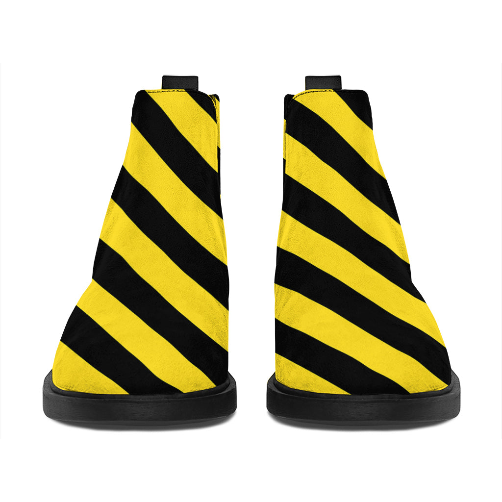 Black And Yellow Warning Striped Print Flat Ankle Boots