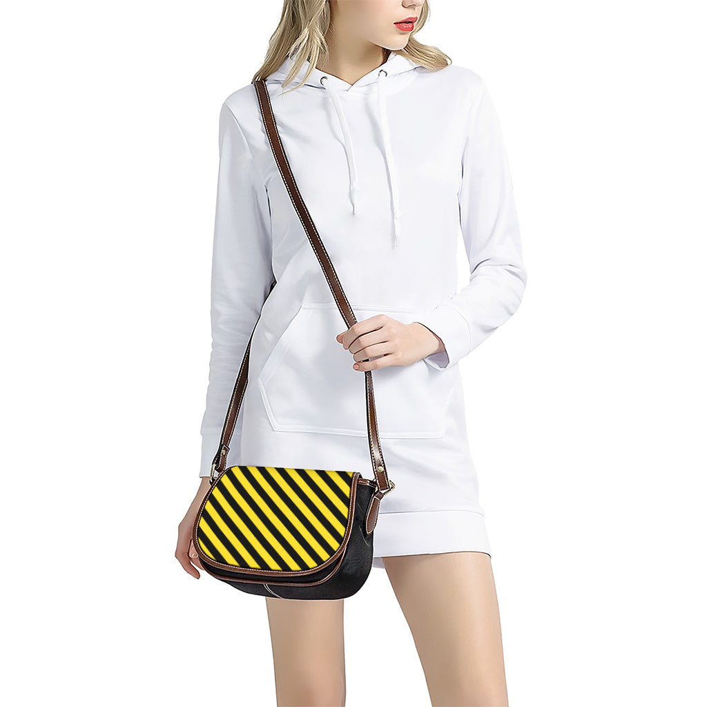 Black And Yellow Warning Striped Print Saddle Bag