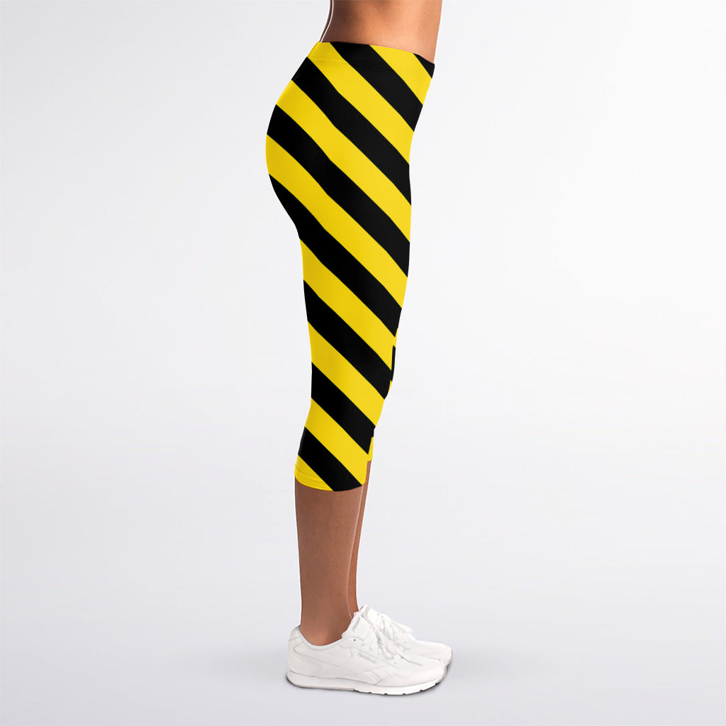 Black And Yellow Warning Striped Print Women's Capri Leggings
