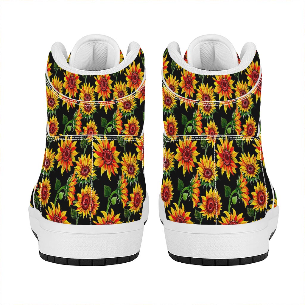 Black Autumn Sunflower Pattern Print High Top Leather Sneakers