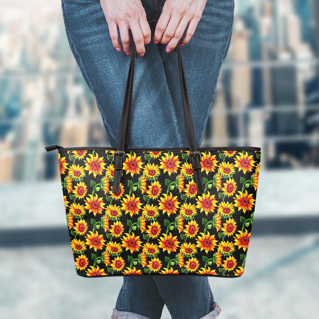 Black Autumn Sunflower Pattern Print Leather Tote Bag