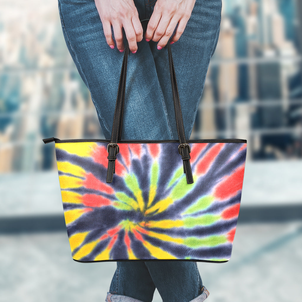 Black Backed Spiral Tie Dye Print Leather Tote Bag