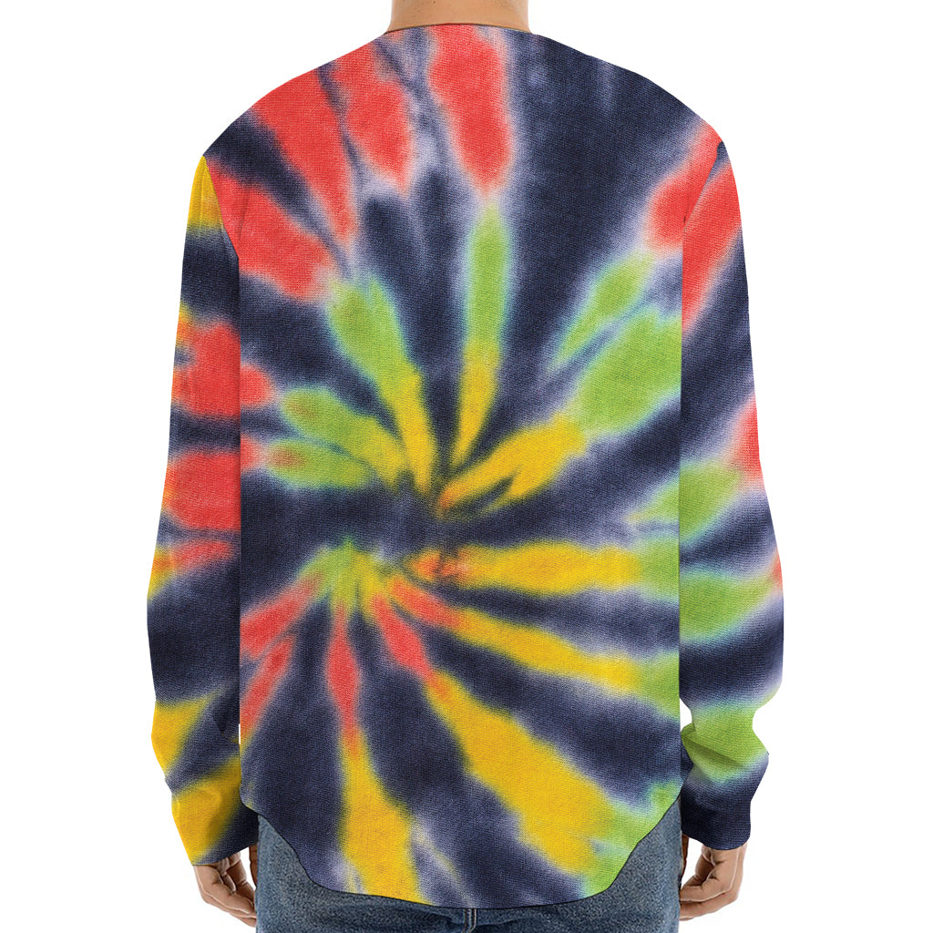Black Backed Spiral Tie Dye Print Long Sleeve Baseball Jersey