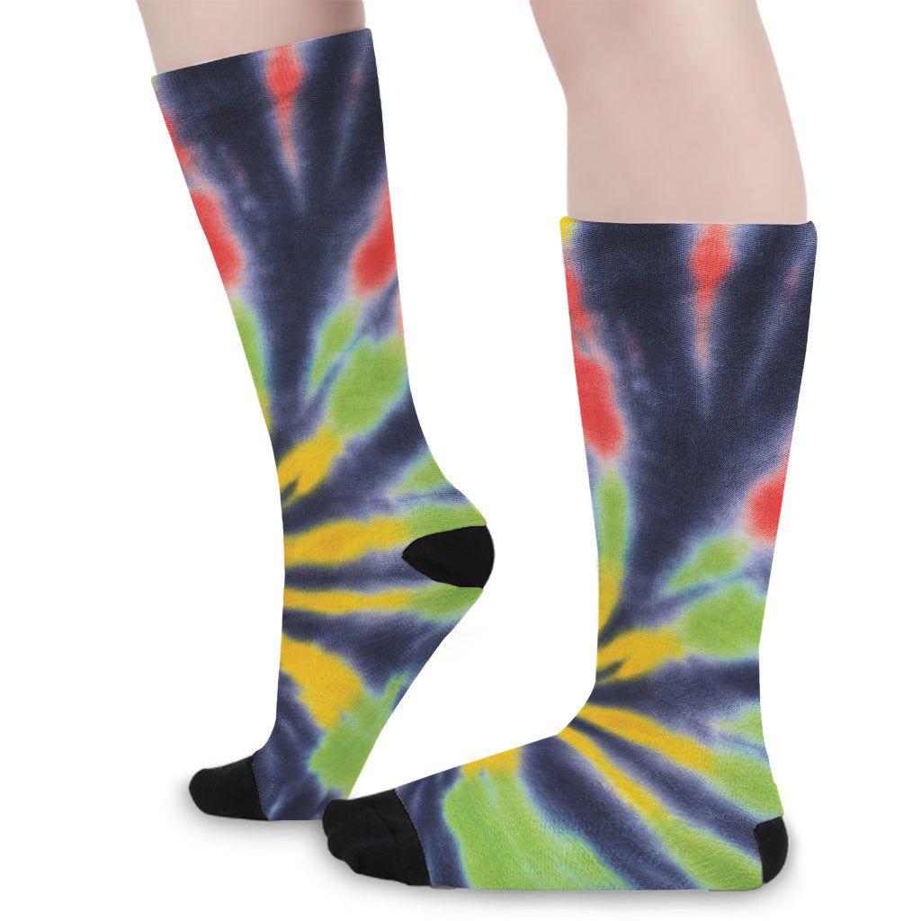 Black Backed Spiral Tie Dye Print Long Socks