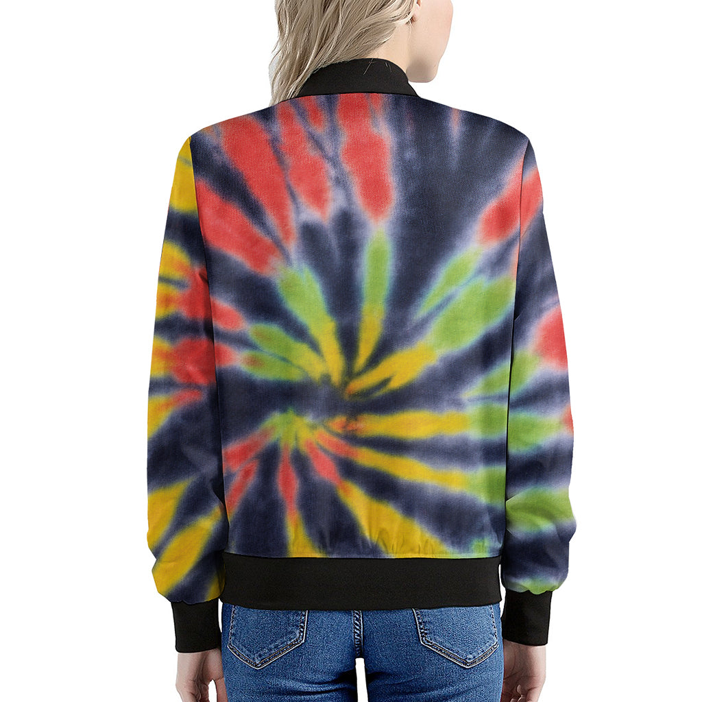 Black Backed Spiral Tie Dye Print Women's Bomber Jacket