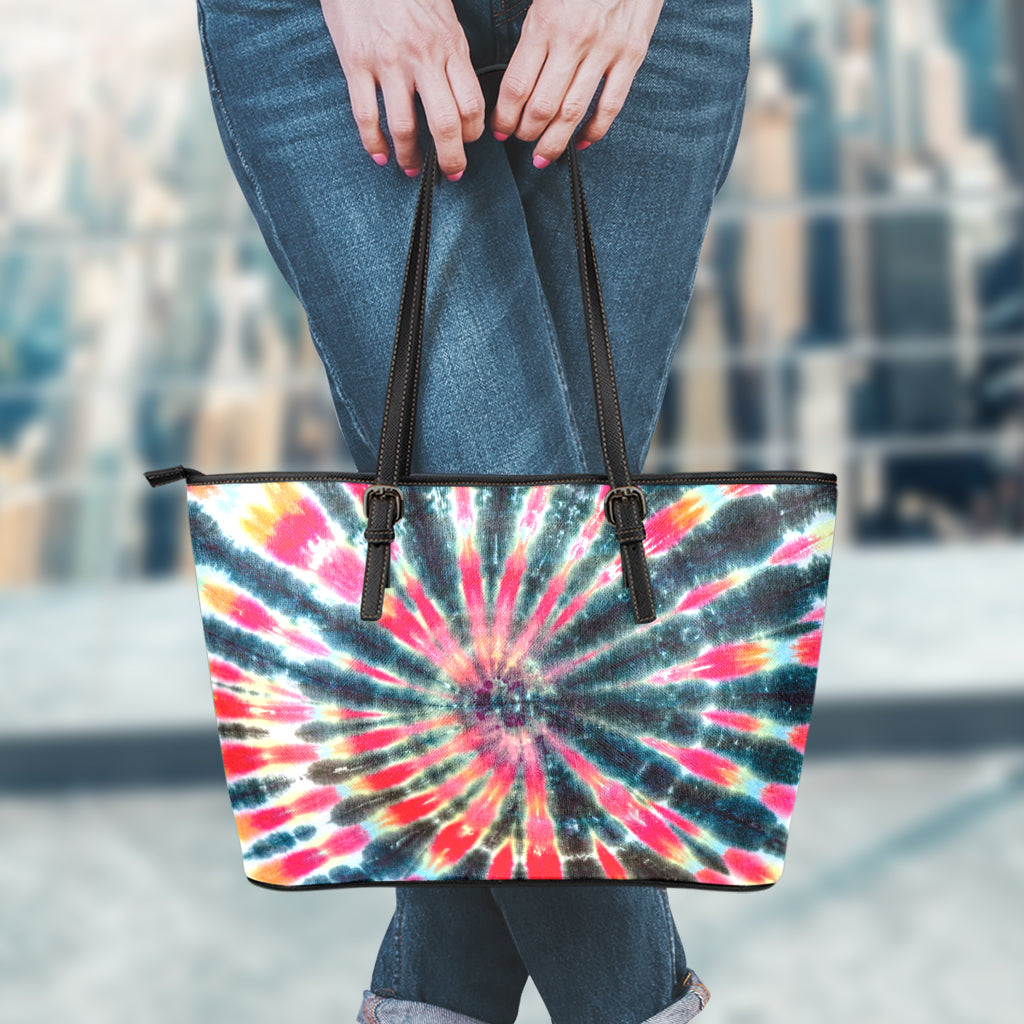 Black Backed Tie Dye Print Leather Tote Bag