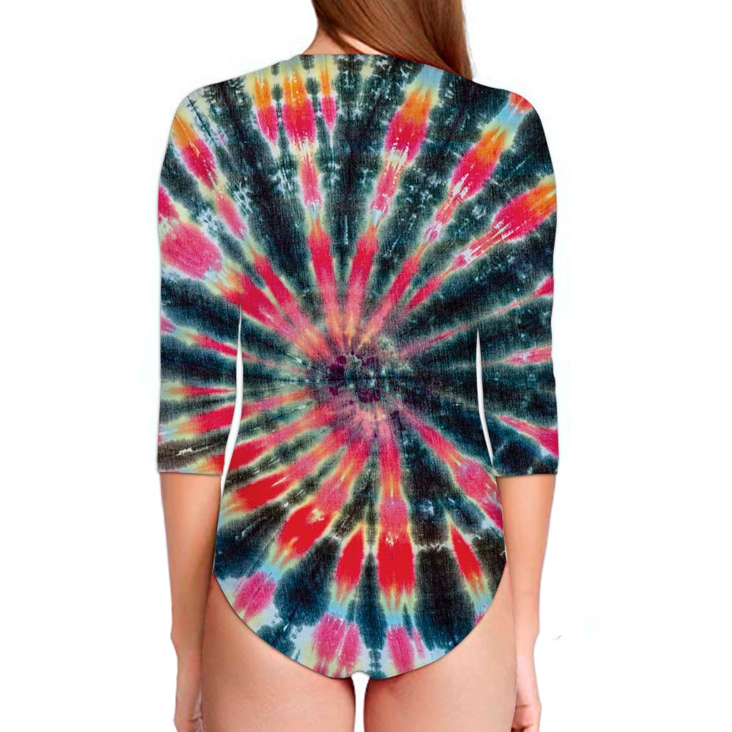 Black Backed Tie Dye Print Long Sleeve Swimsuit