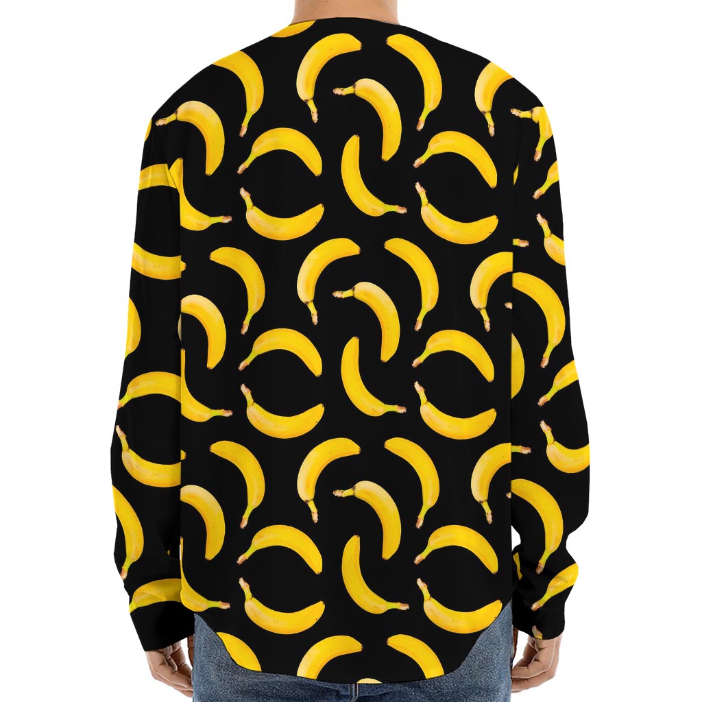 Black Banana Pattern Print Long Sleeve Baseball Jersey