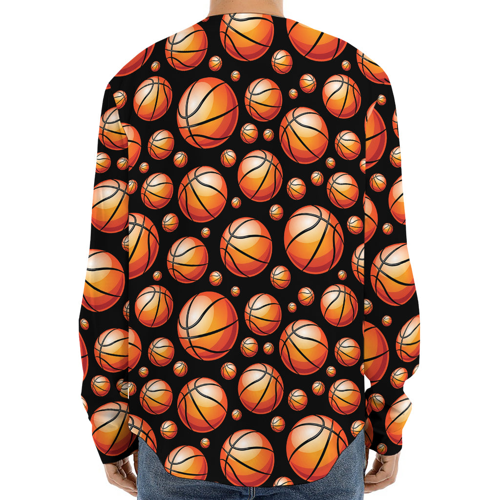 Black Basketball Pattern Print Long Sleeve Baseball Jersey