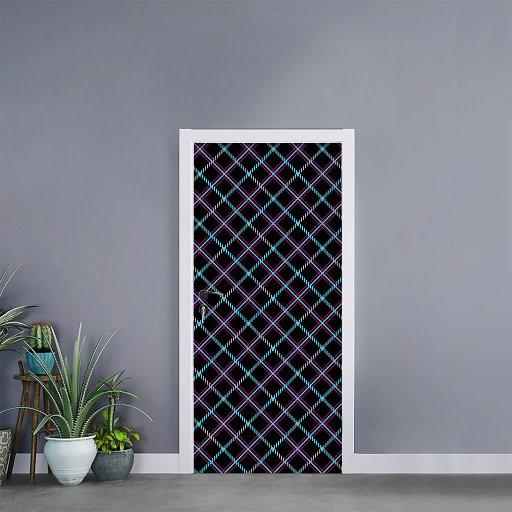 Black Blue And Pink Tartan Pattern Print Door Sticker