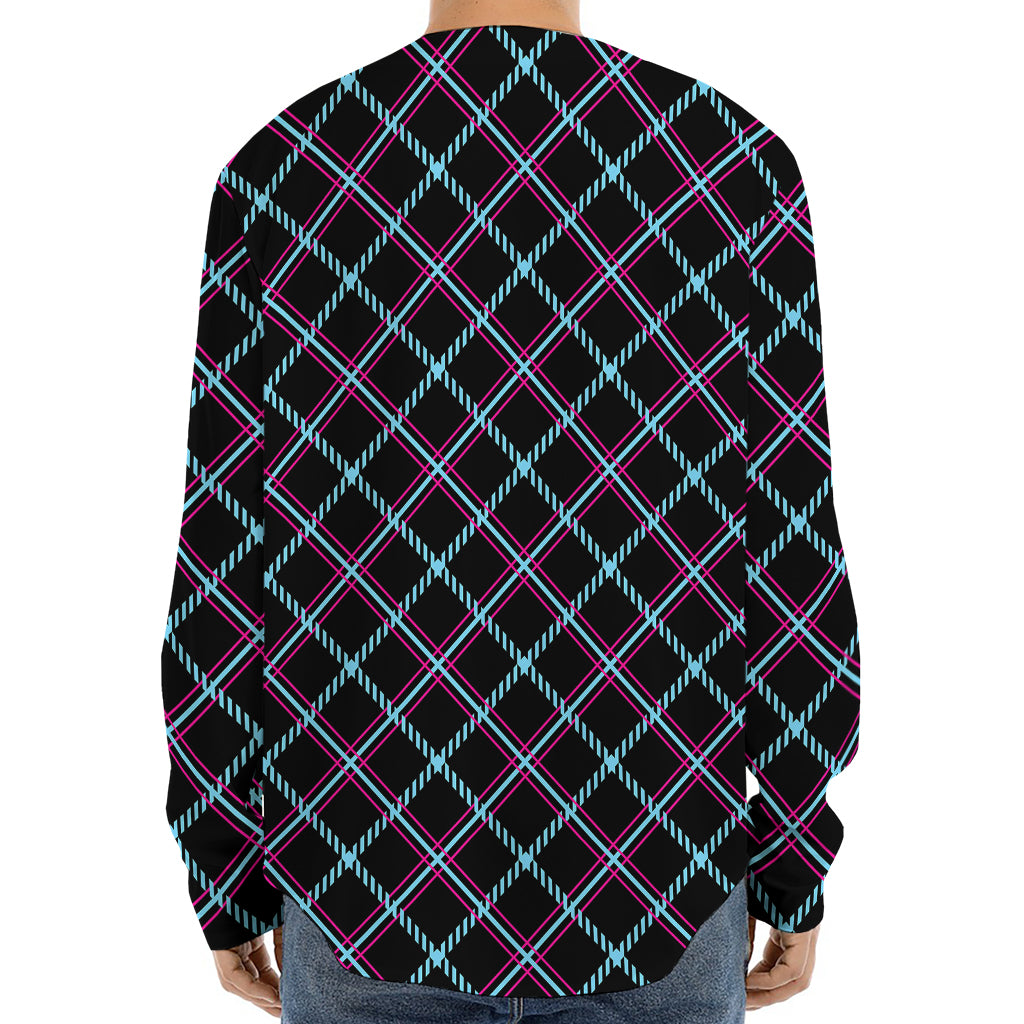 Black Blue And Pink Tartan Pattern Print Long Sleeve Baseball Jersey