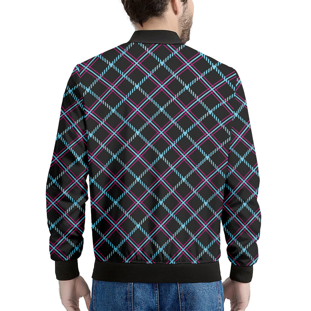 Black Blue And Pink Tartan Pattern Print Men's Bomber Jacket
