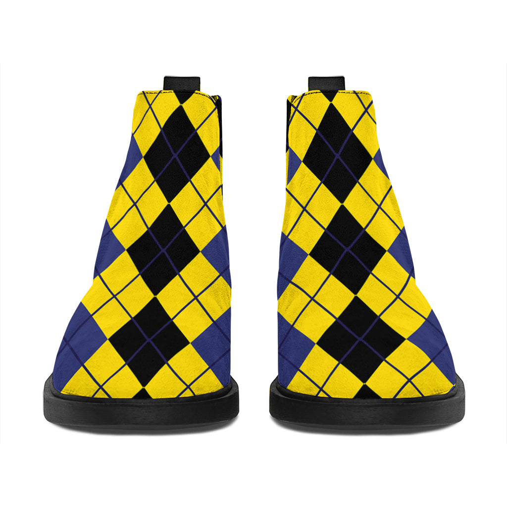 Black Blue And Yellow Argyle Print Flat Ankle Boots