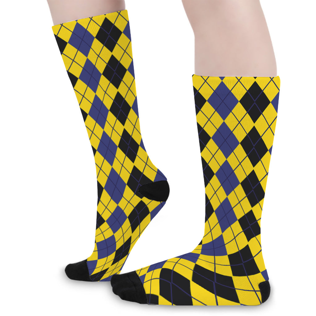 Black Blue And Yellow Argyle Print Long Socks