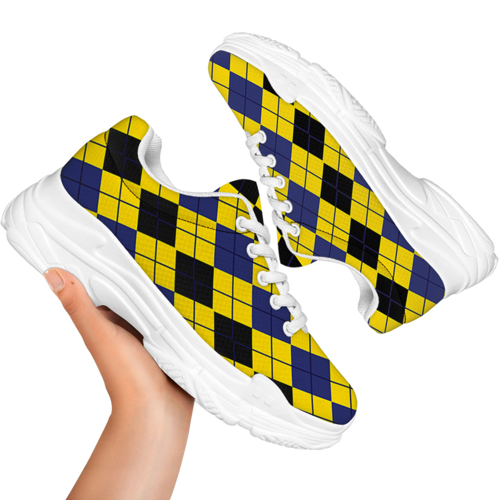 Black Blue And Yellow Argyle Print White Chunky Shoes