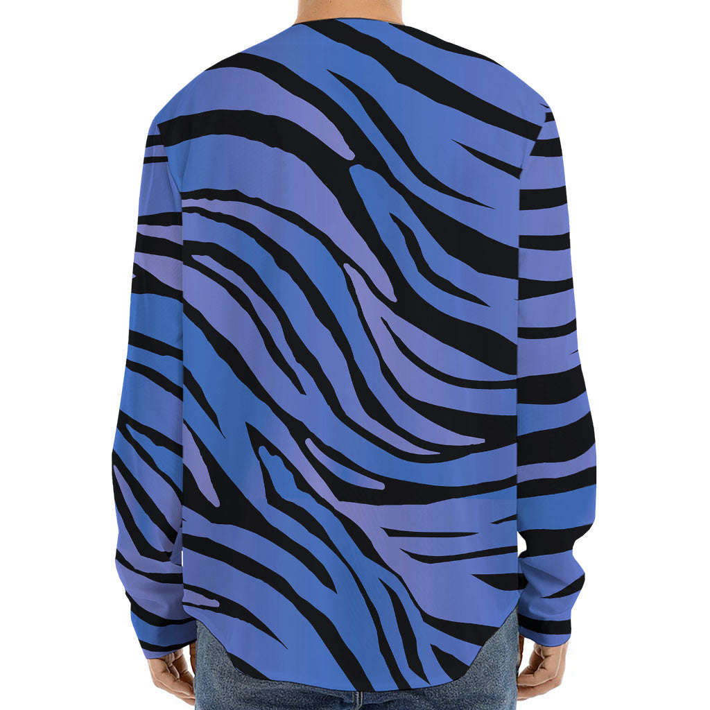 Black Blue Zebra Pattern Print Long Sleeve Baseball Jersey