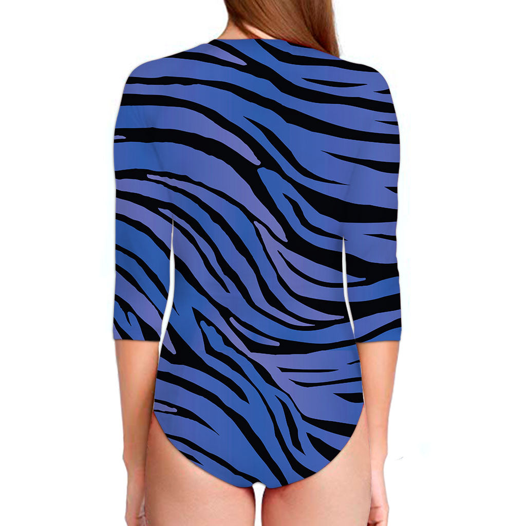 Black Blue Zebra Pattern Print Long Sleeve Swimsuit