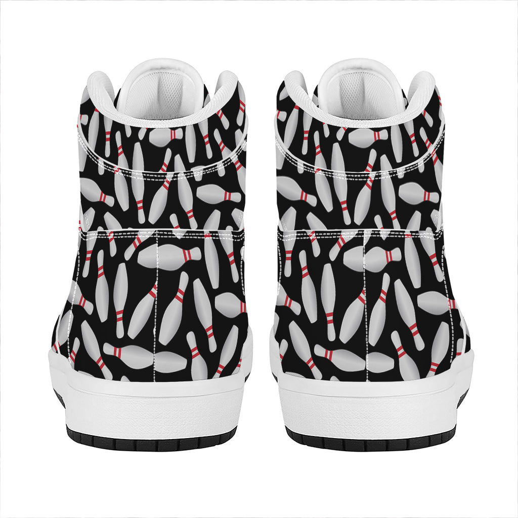 Black Bowling Pins Pattern Print High Top Leather Sneakers