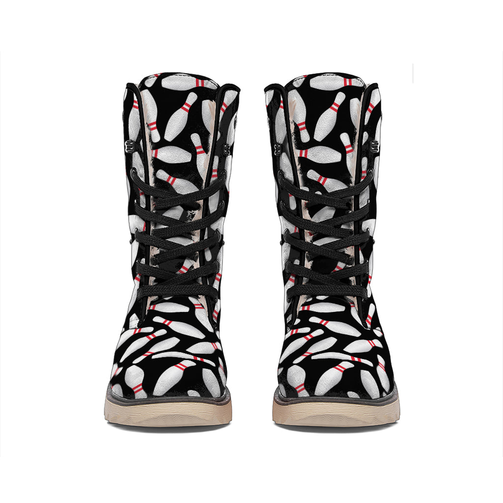 Black Bowling Pins Pattern Print Winter Boots