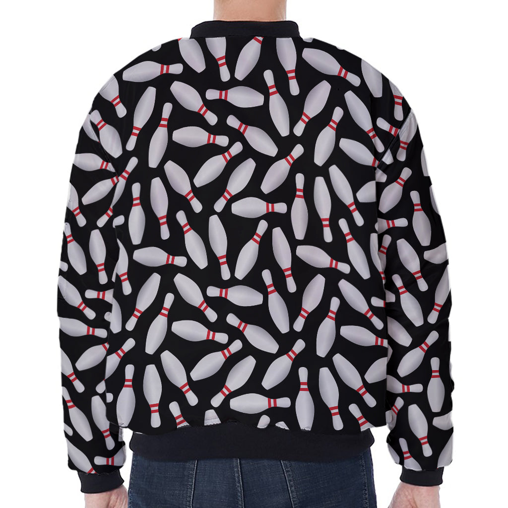 Black Bowling Pins Pattern Print Zip Sleeve Bomber Jacket