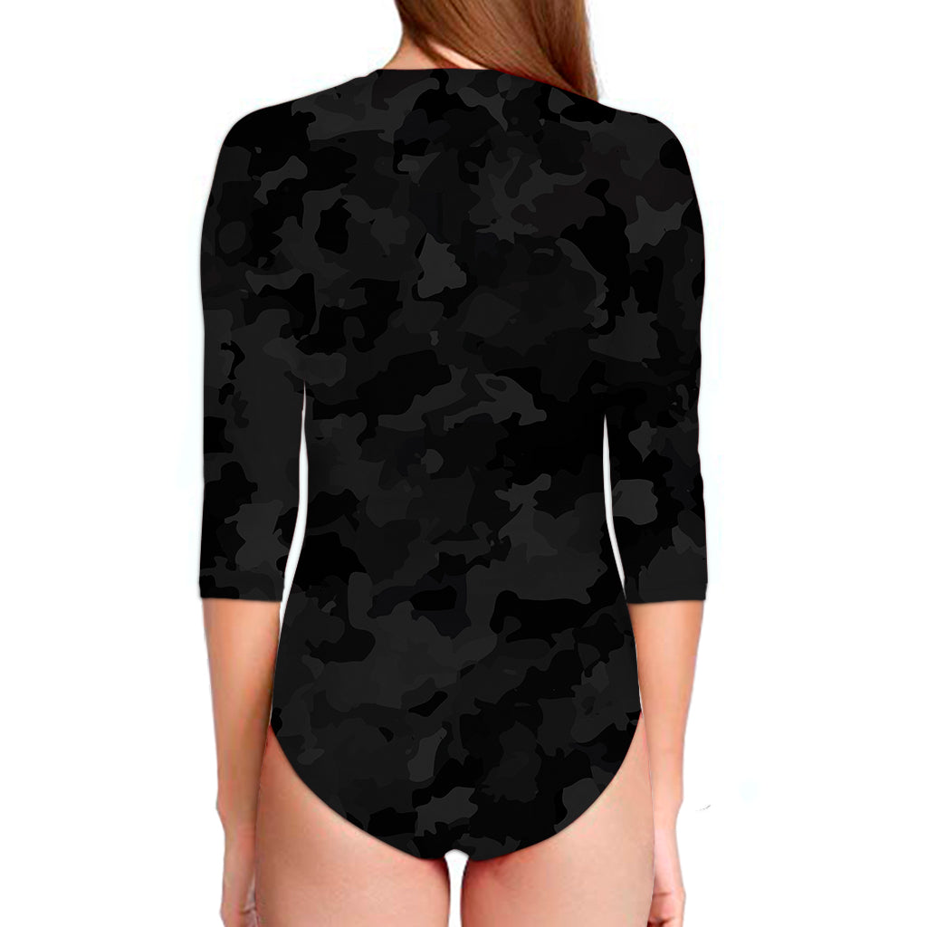 Black Camouflage Print Long Sleeve Swimsuit