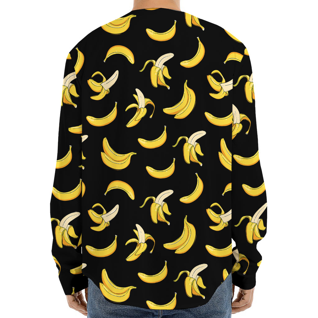 Black Cartoon Banana Pattern Print Long Sleeve Baseball Jersey