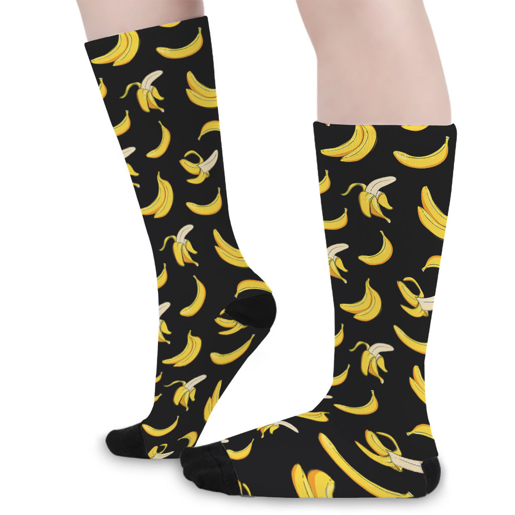 Black Cartoon Banana Pattern Print Long Socks