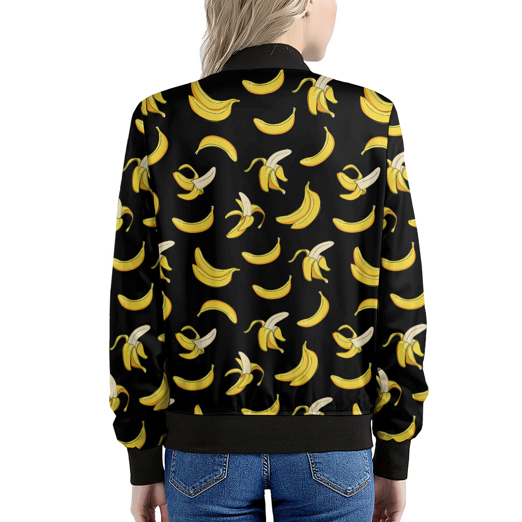 Black Cartoon Banana Pattern Print Women's Bomber Jacket