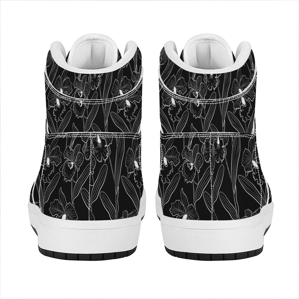 Black Cattleya Flower Pattern Print High Top Leather Sneakers