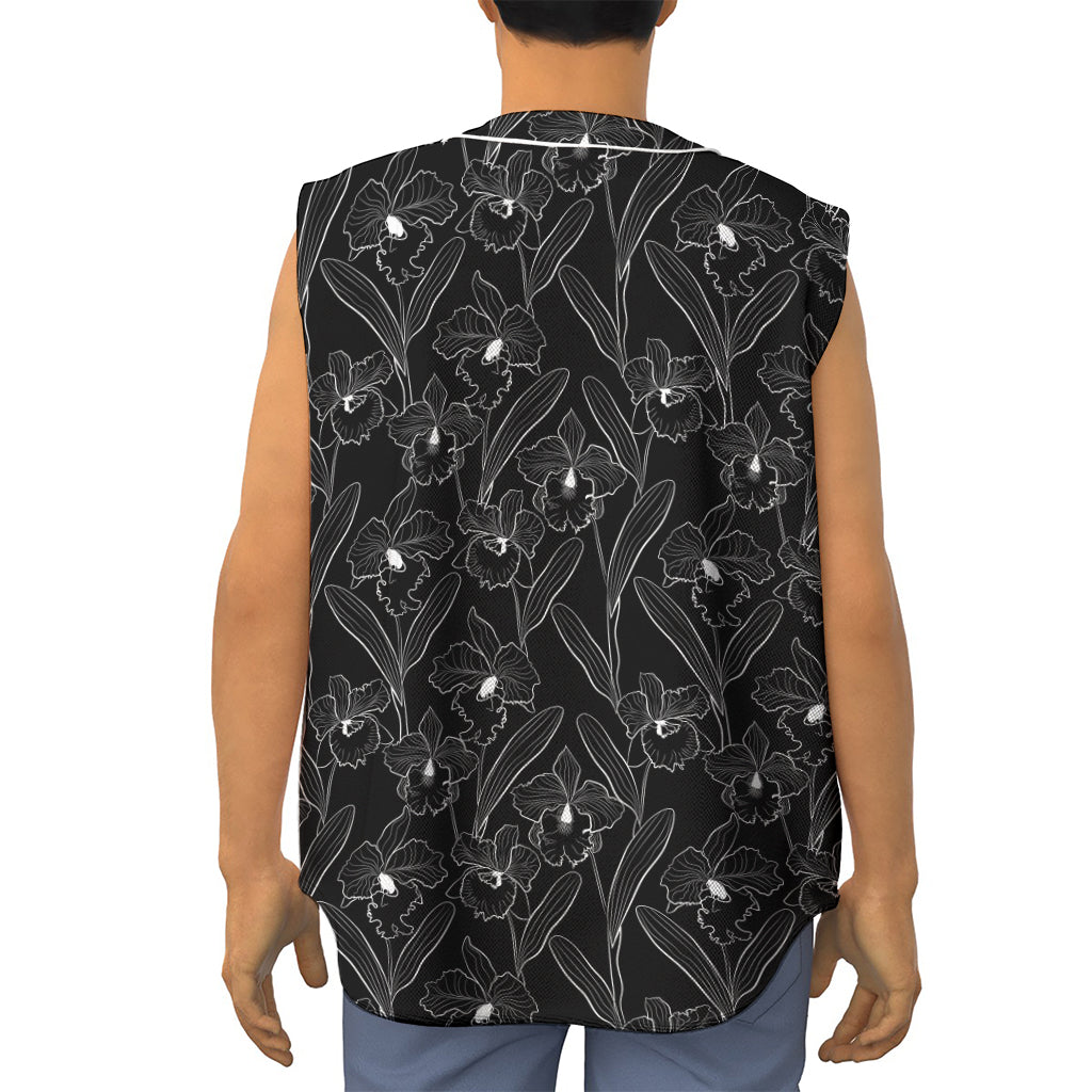 Black Cattleya Flower Pattern Print Sleeveless Baseball Jersey