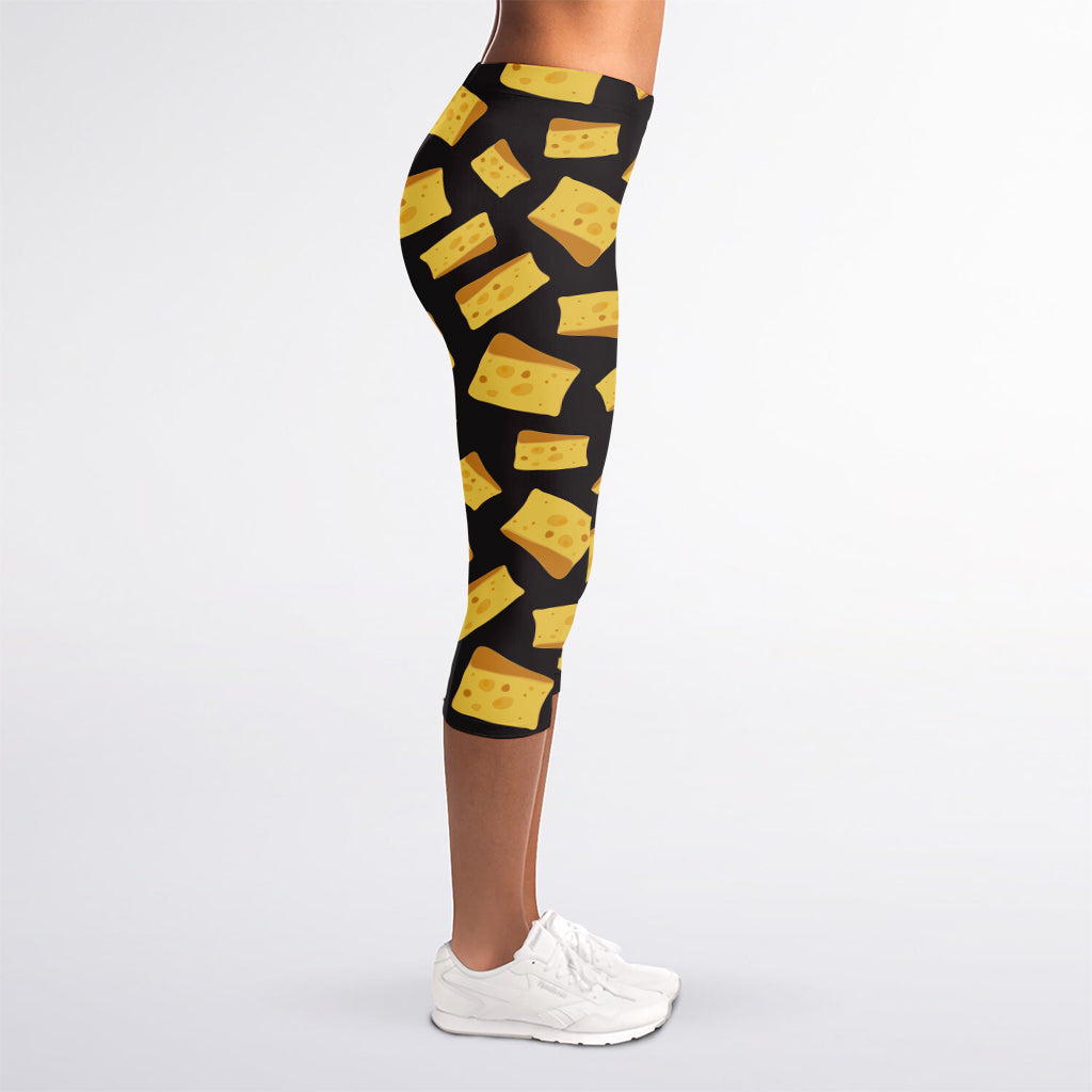 Black Cheese And Holes Pattern Print Women's Capri Leggings
