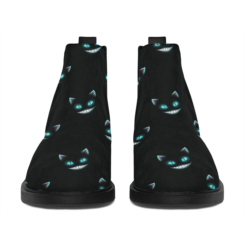 Black Cheshire Cat Pattern Print Flat Ankle Boots