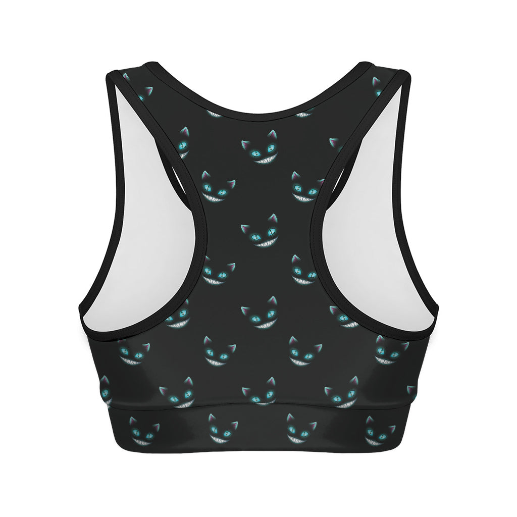 Black Cheshire Cat Pattern Print Women's Sports Bra