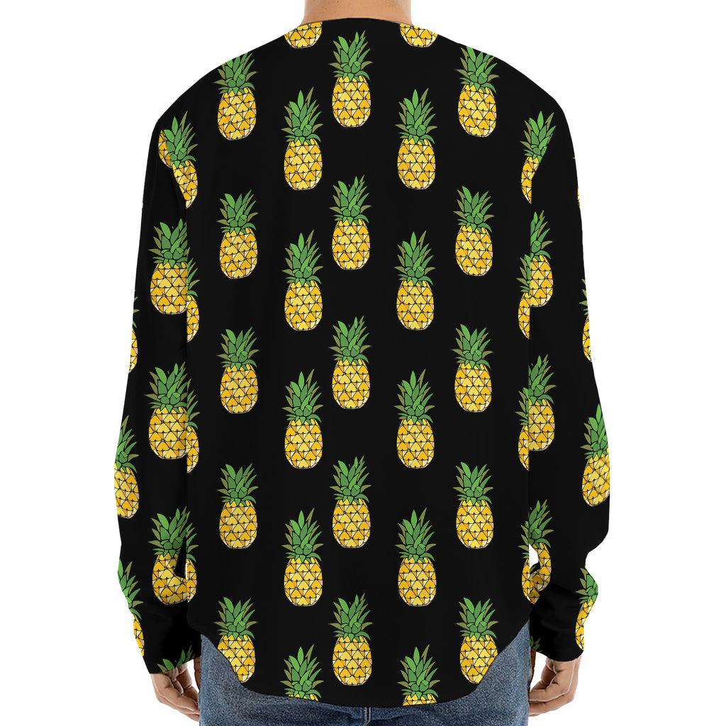 Black Cute Pineapple Pattern Print Long Sleeve Baseball Jersey