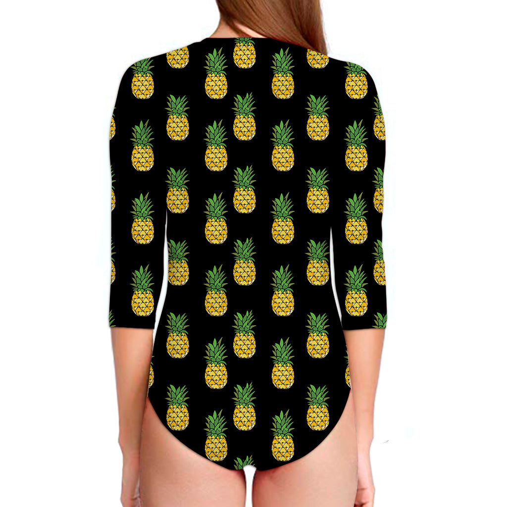 Black Cute Pineapple Pattern Print Long Sleeve Swimsuit