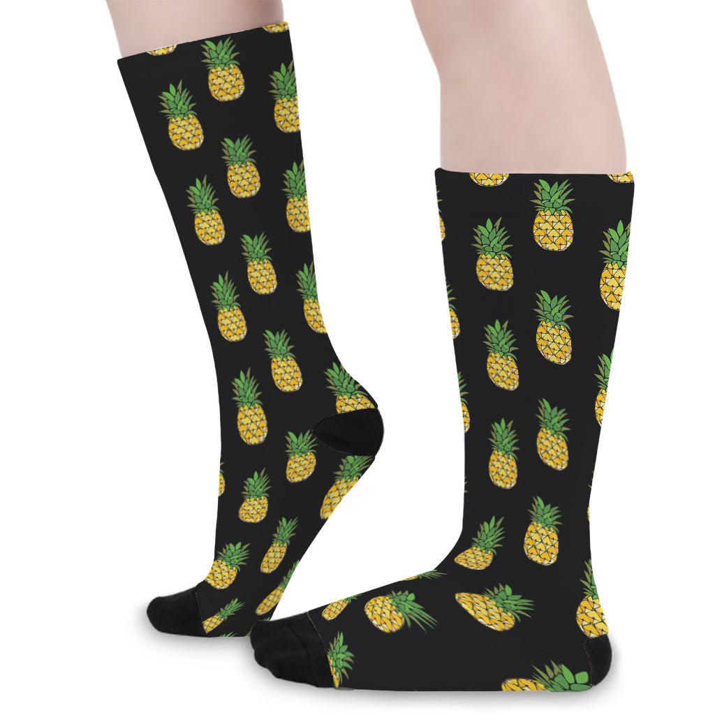 Black Cute Pineapple Pattern Print Long Socks