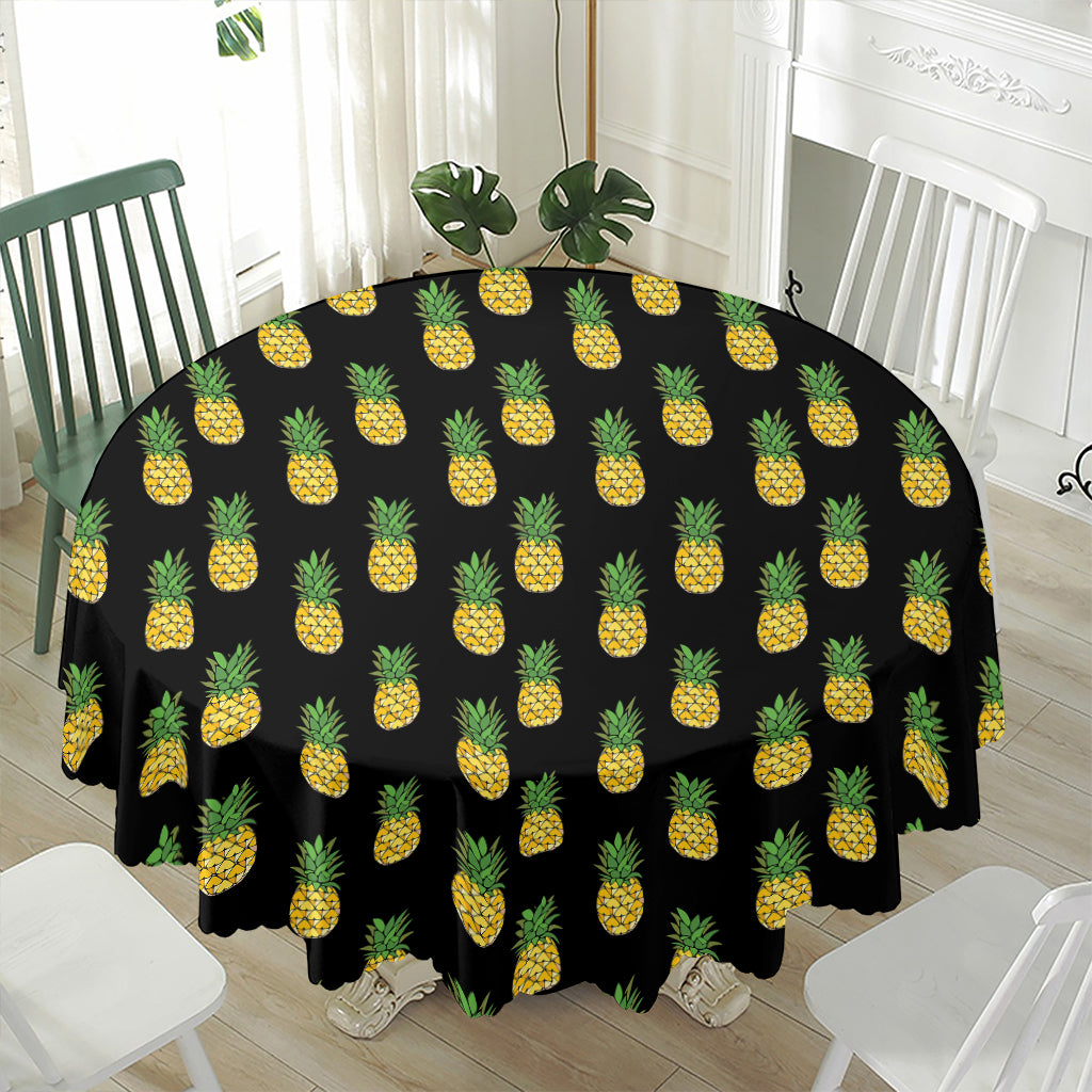 Black Cute Pineapple Pattern Print Waterproof Round Tablecloth