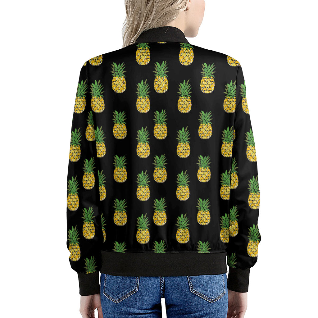 Black Cute Pineapple Pattern Print Women's Bomber Jacket