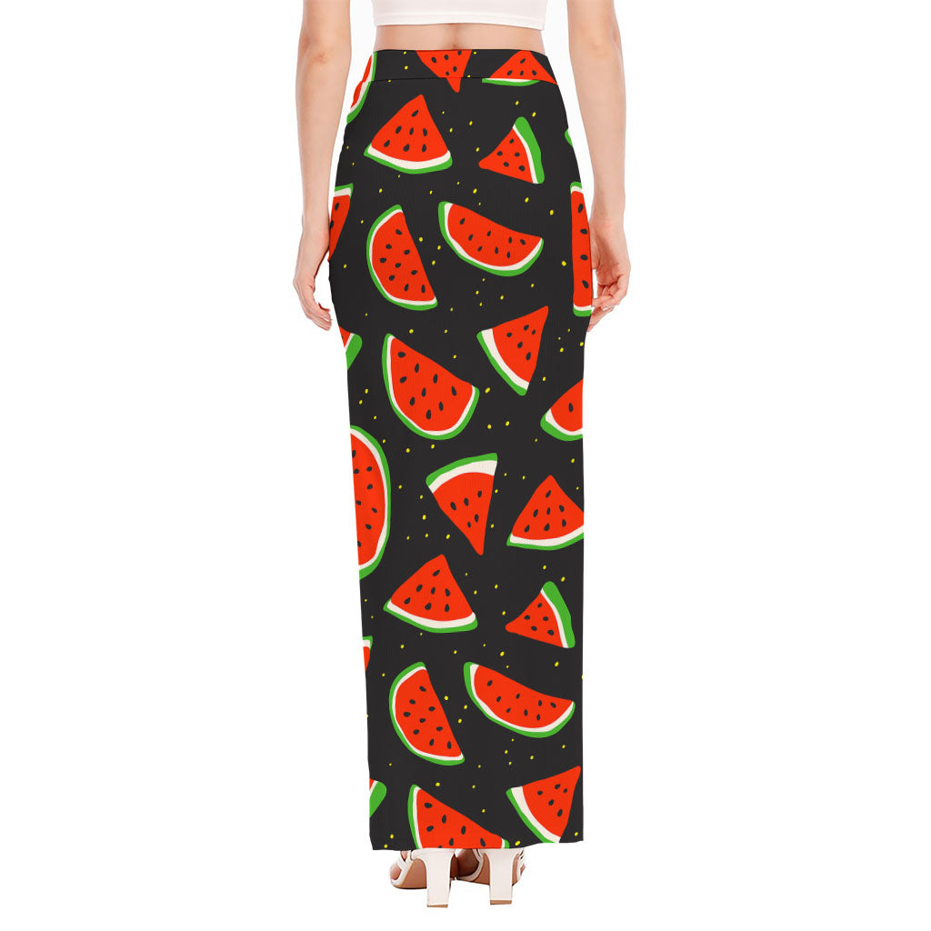Black Cute Watermelon Pattern Print High Slit Maxi Skirt
