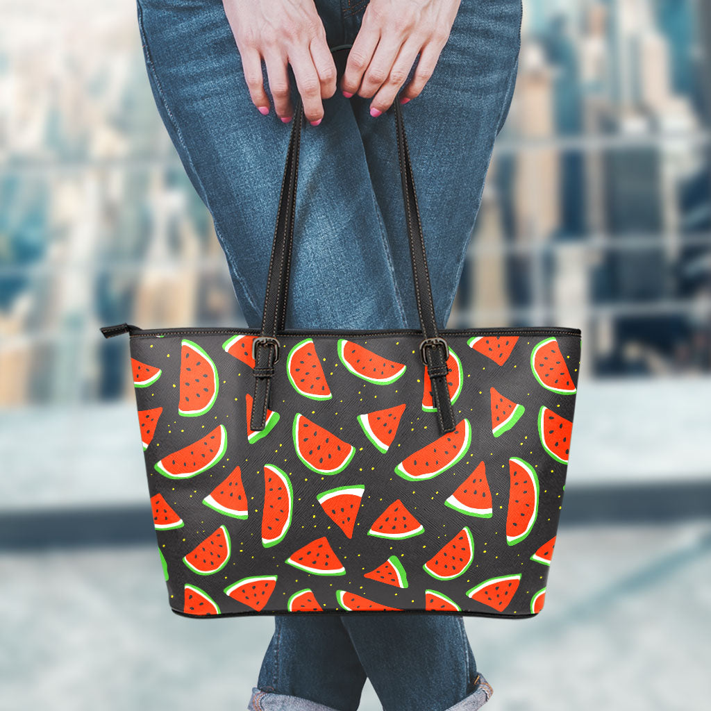 Black Cute Watermelon Pattern Print Leather Tote Bag
