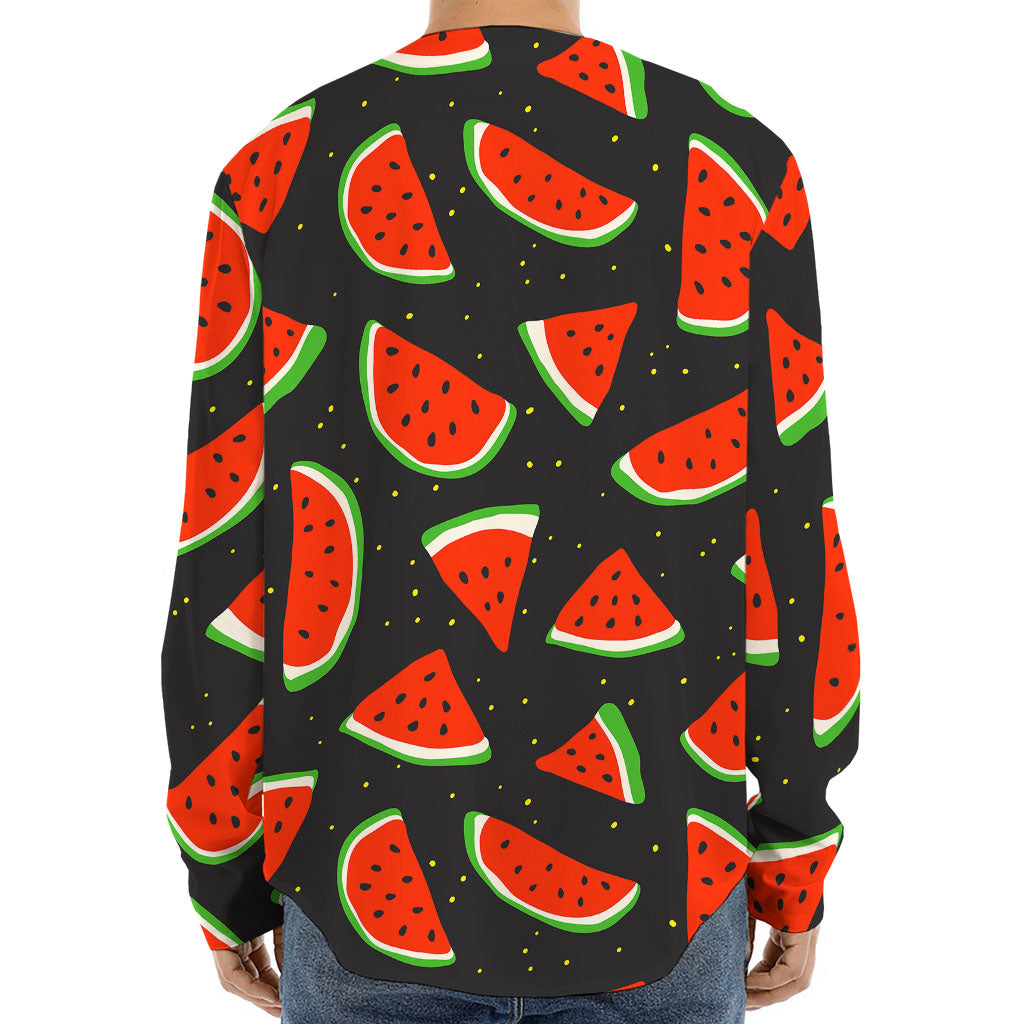 Black Cute Watermelon Pattern Print Long Sleeve Baseball Jersey