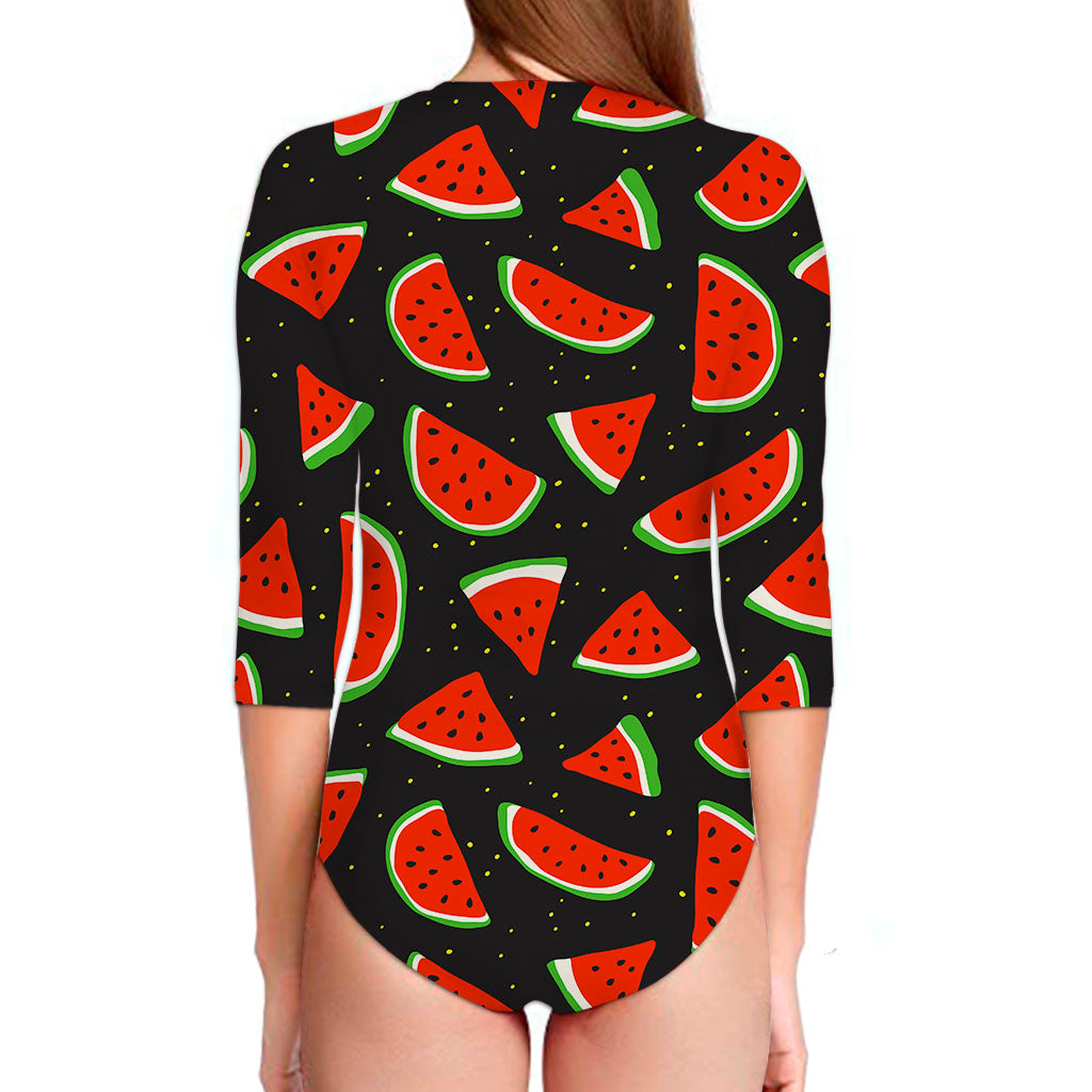 Black Cute Watermelon Pattern Print Long Sleeve Swimsuit