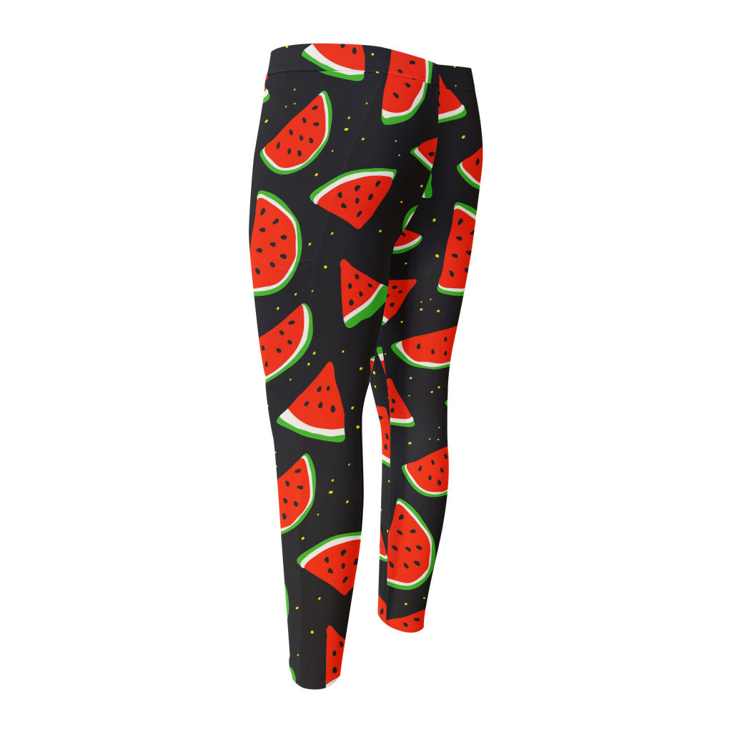 Black Cute Watermelon Pattern Print Men's Compression Pants