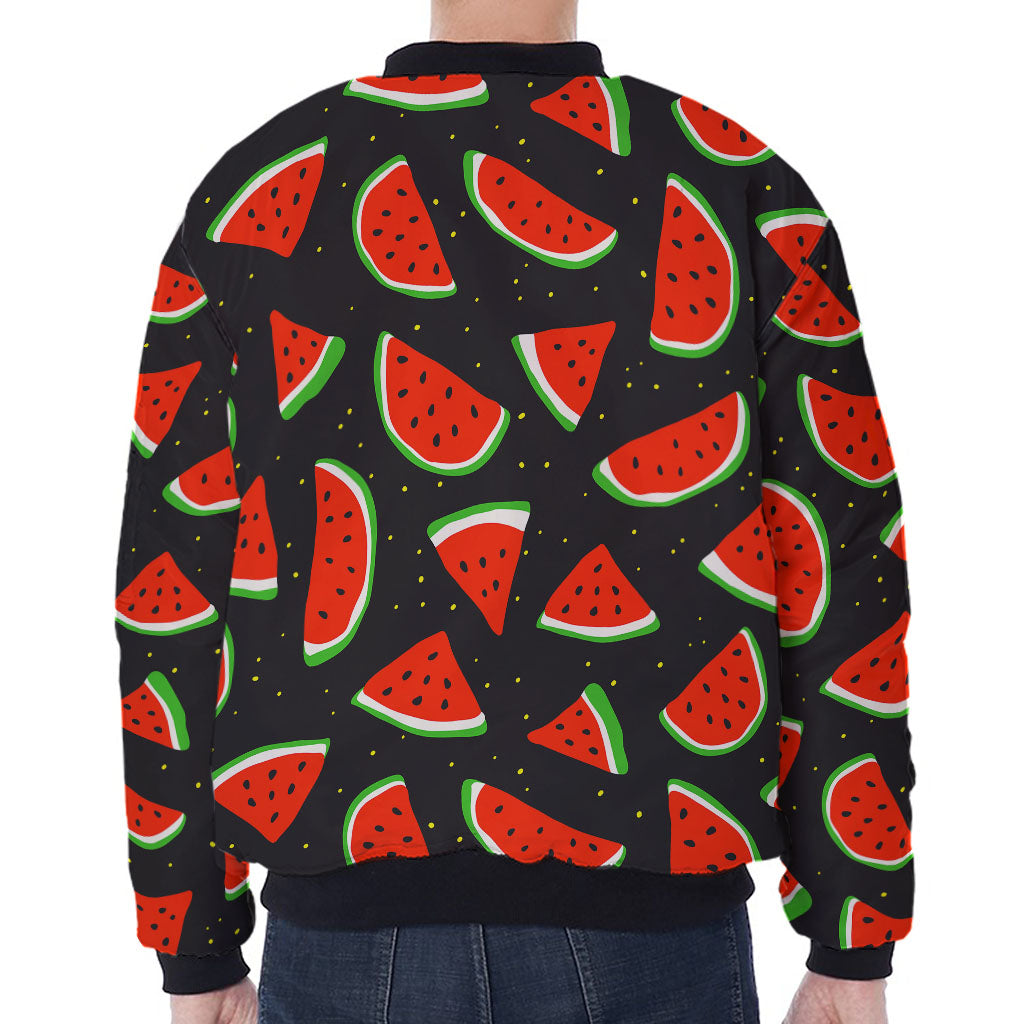 Black Cute Watermelon Pattern Print Zip Sleeve Bomber Jacket