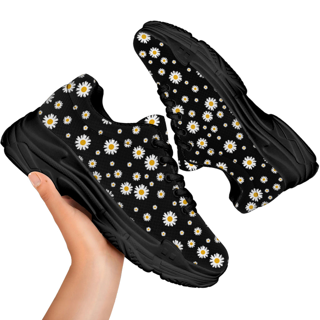 Black Daisy Floral Pattern Print Black Chunky Shoes