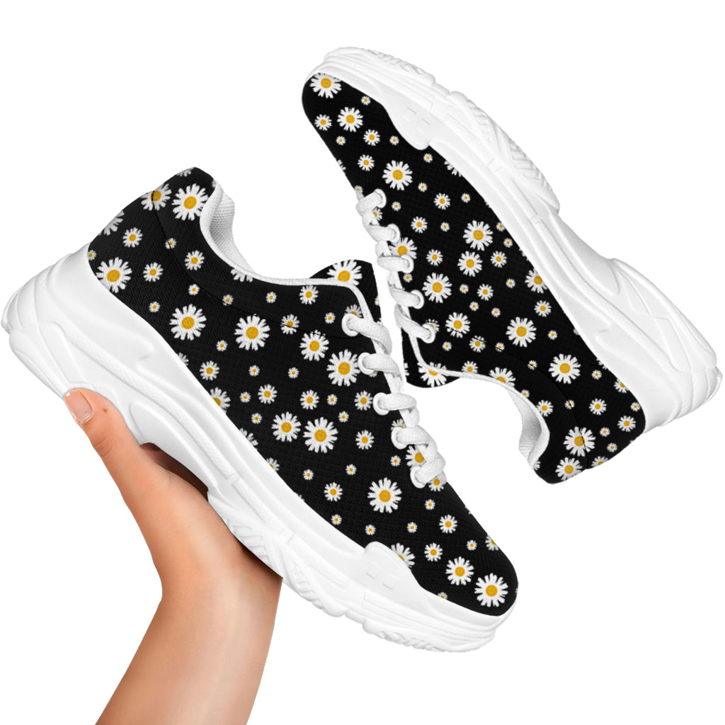 Black Daisy Floral Pattern Print White Chunky Shoes