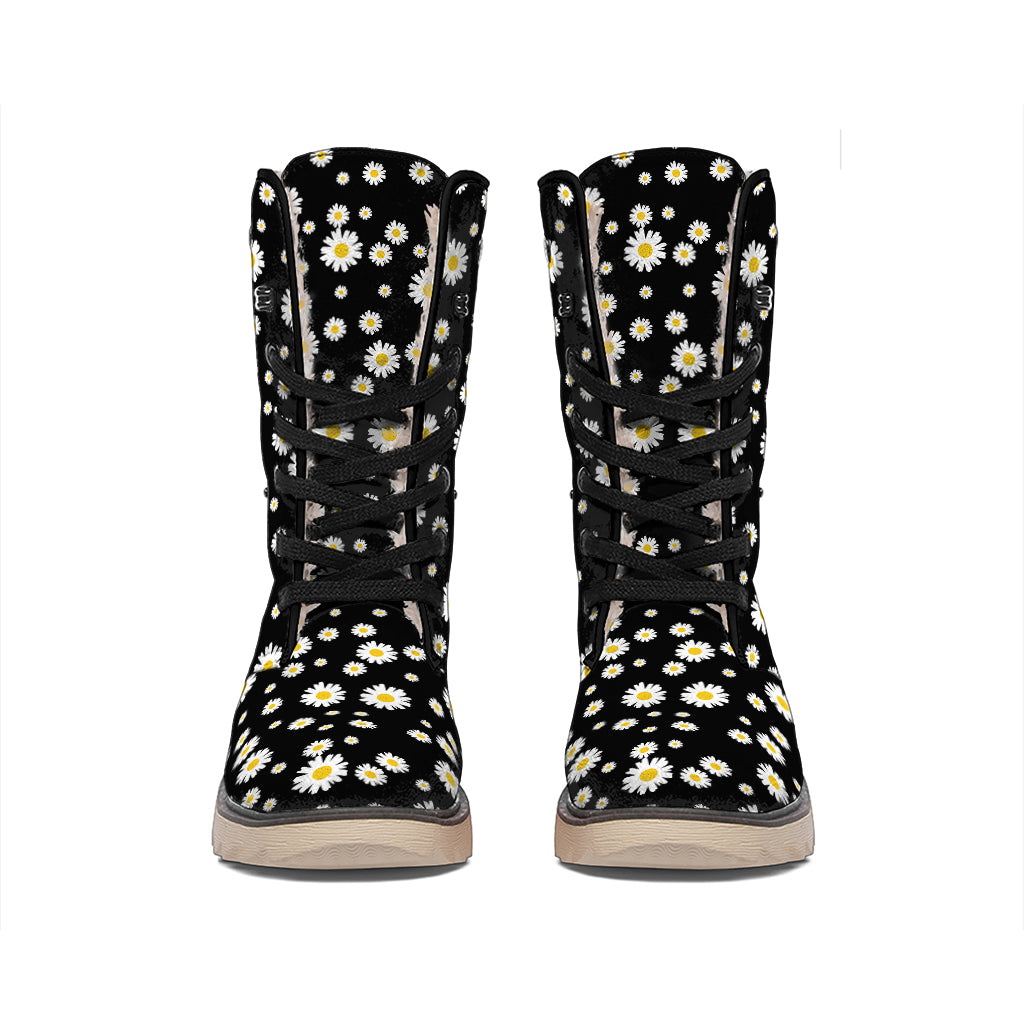 Black Daisy Floral Pattern Print Winter Boots