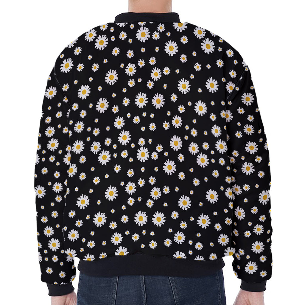 Black Daisy Floral Pattern Print Zip Sleeve Bomber Jacket
