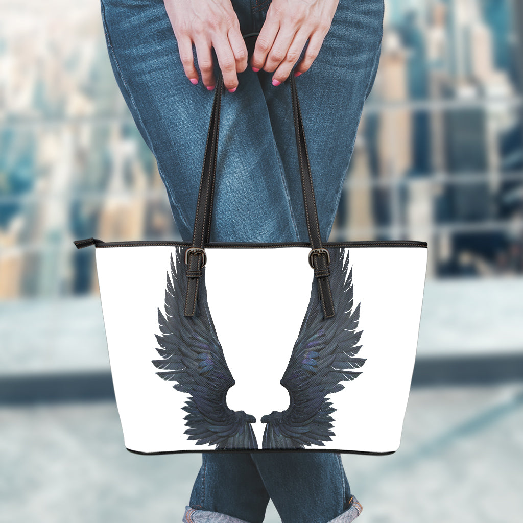 Black Demon Wings Print Leather Tote Bag
