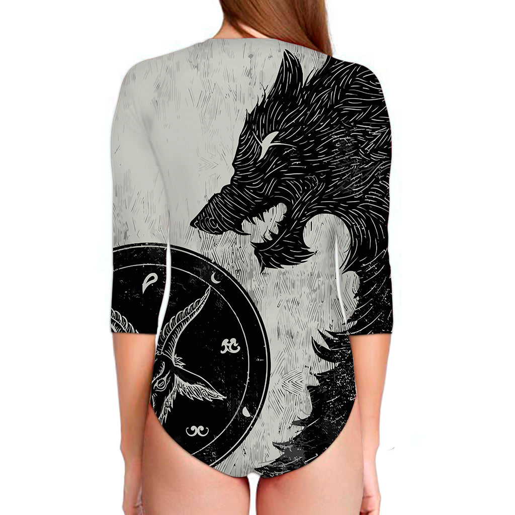 Black Demon Wolf Print Long Sleeve Swimsuit